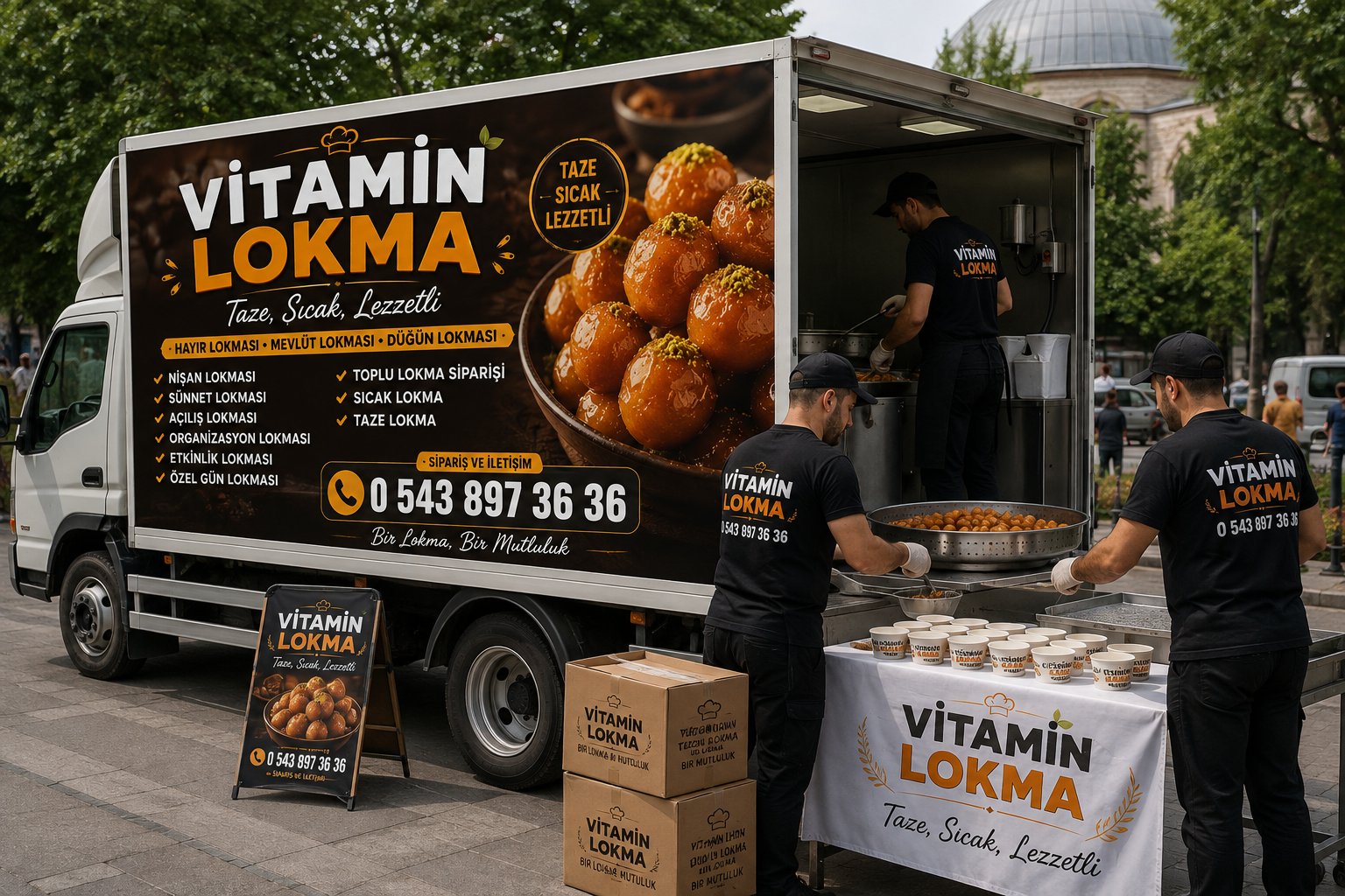 Vitamin Lokma ekibi, mobil lokma aracında sıcak lokma servisi yaparken